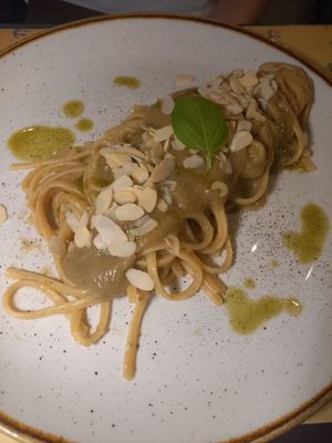 Linguine with pesto and aubergine crem. at I Morgante Bottegabistro in Agrigento