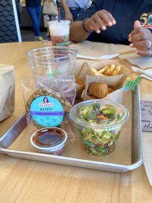 Nice kale salad with vegan chicken nuggets and fries and organic berry cream soda oatmeal raisin cookie. All so delicious!!!  at Hart House - Sepulveda in Los Angeles