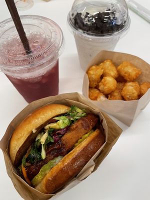 Crispy chicken deluxe with tots, Oreo shake, lite kola nut soda mixed with berry juice  at Hart House - Sepulveda in Los Angeles