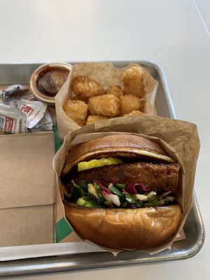 Deluxe Hot N Spicy sandwich and tots  at Hart House - Sepulveda in Los Angeles