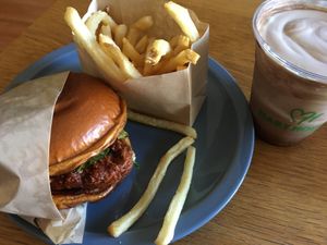 Deluxe hot n’ crispy chick’n, fries, small chocolate shake  at Hart House - Sepulveda in Los Angeles