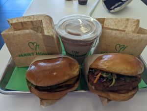 Deluxe Hot N'Crispy Chick'N a Single Burger and a Chocolate Shake at Hart House - Sepulveda in Los Angeles