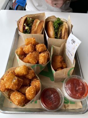 Chicken burger, beef burger, tots and nuggets   at Hart House - Sepulveda in Los Angeles