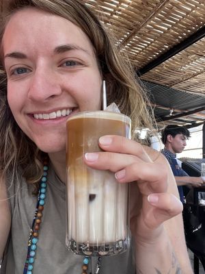 Iced latte with oatmilk and hazelnut syrup  at The Little Spoon in Panajachel