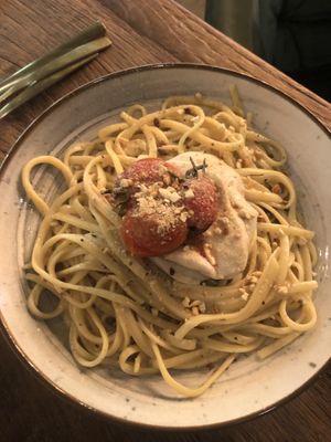 Tagliatelle with v-burrata (17€)  at Heaven's Kitchen in Stuttgart
