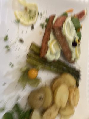 Very blurry salmon with potatoes  at Pink Lettuce in Chester