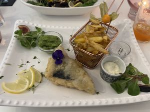 Tofish and chips   at Pink Lettuce in Chester