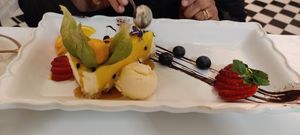 Mango & passion fruit cheese cake with ice cream #Veganuary at Pink Lettuce in Chester