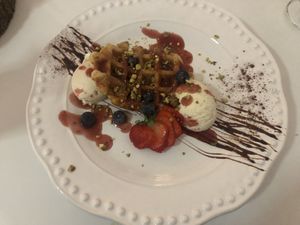 Half portion of topped Belgian waffles  at Pink Lettuce in Chester