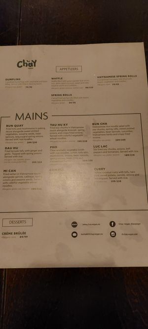 Menu at Chay Vegan in Stavanger