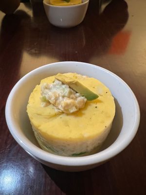 Causa Rellena (appetiser with layers of mashed potatoes, chickpeas and avocados, flavoured with lime and yellow hot peppers) at Andean Garden - Cloud Kitchen - Maybe closed in Brooklyn