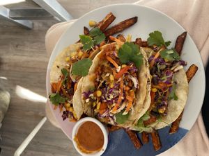 Cauli Tacos with sweet potato fries  at Bebita in Jindabyne