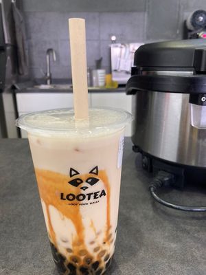 Caramel soy milk boba with tapioca balls and lychee bubbles   at Lootea in Prague