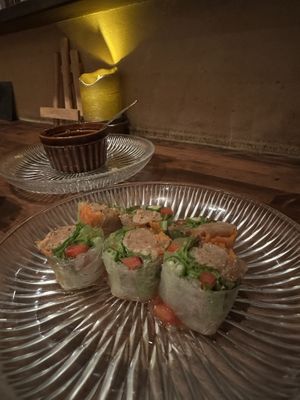 Veggie/soymeat rice paper rolls with vegan mayonnaise   at Cafe Banmari in Mishima