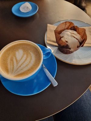 Latte and carrot muffin. Vegan at Coffee Junkie in Vienna