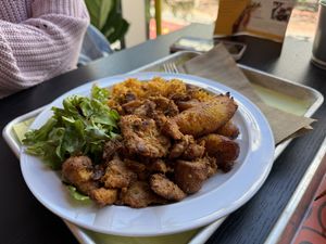 Sampler platter with vegan chicken  at Casa Borinqueña in San Francisco
