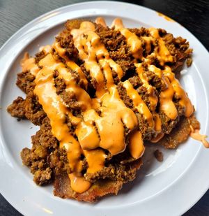 Loaded tostones at Casa Borinqueña in San Francisco