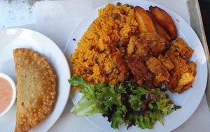 Chicken sampler plate and pastelillo at Casa Borinqueña in San Francisco