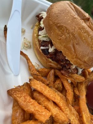 BBQ jackfruit and sweet potato fries   at Barely Vegans in New Rochelle