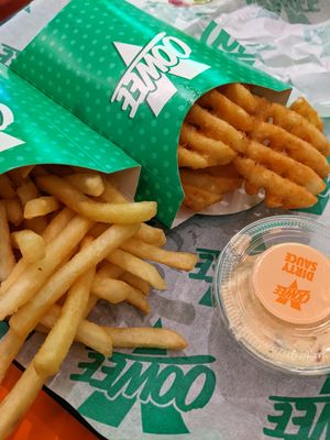 Fries and waffle fries at Oowee Vegan in Brighton