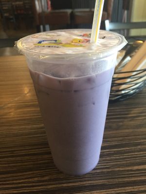 Taro Milk Tea. They have several teas with or without boba. Coconut milk or non dairy creamer is used.  at Ragin Pot in Port Hueneme