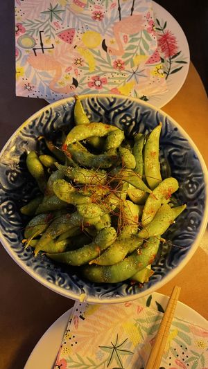 Garlic spicy edamame - yum  at Izakaya Ate in Noosa Heads