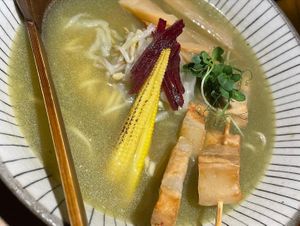 Vegan Matcha Ramen with pork belly alternative at Shisomen in Berlin