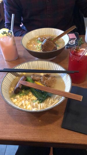 Tonkatsu ramen, hibiscus-maracuja mocktail, and watermelon mocktail  at Shisomen in Berlin