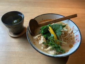 Miso ramen and a cup of green tea at Shisomen in Berlin