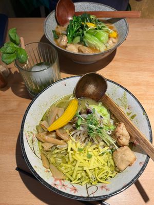Vegan cheese ramen (front) and matcha ramen (back) at Shisomen in Berlin