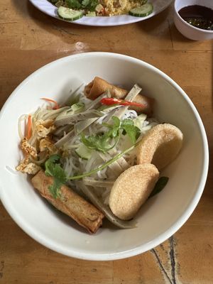 Vermicelli noodles and spring rolls   at Quan Chay Buffet Lac Tam Vegan in Hue