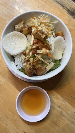 Rice noodles with fried spring rolls  at Quan Chay Buffet Lac Tam Vegan in Hue