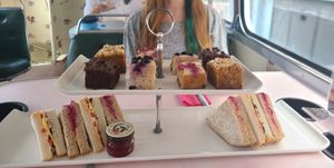 Tea cake/sandwich tray on the bus at Vintage Tea Trips in Dublin