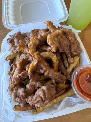 Oyster Mushrooms, Fries & Green juice   at Planet Health Compton in Compton