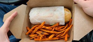 Bistro Steak Sandwich with sweet potato fries at Native Foods in Boulder