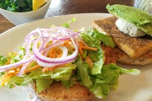 Scorpion burger with a side of kale at Native Foods in Boulder