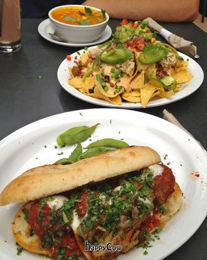 (from front to back) Meatball sub, nachos, red curry soup. This particular soup is served only on Wednesdays, I think. at Native Foods in Boulder