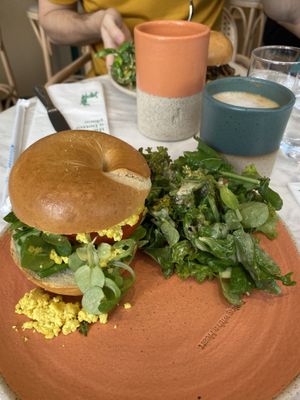 Tofu scramble sandwich and flat white with oat milk  at Holy Llama - Sintagma in Athens