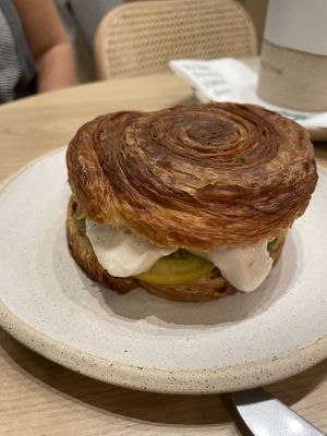 Cashew mozzarella, tomato and pesto cronut  at Holy Llama - Sintagma in Athens