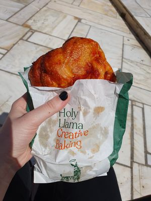 Pizza bread with vegan cheese and red pepper filling at Holy Llama - Sintagma in Athens