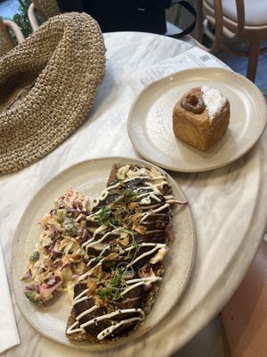 Mushroom open sandwich (vegan); praline cube (vegetarian?)  at Holy Llama - Sintagma in Athens