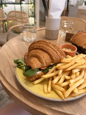 Steak croissant and fries   at Holy Llama - Sintagma in Athens