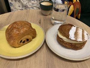 Pain au chocolat and bougatça  at Holy Llama - Sintagma in Athens