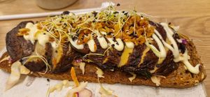 Open 'steak' sandwich in all it's glory! at Holy Llama - Sintagma in Athens