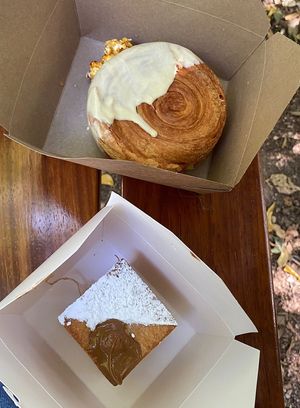 Roll stuffed with vanilla and caramel cream and a hazelnut creme cube at Holy Llama - Sintagma in Athens