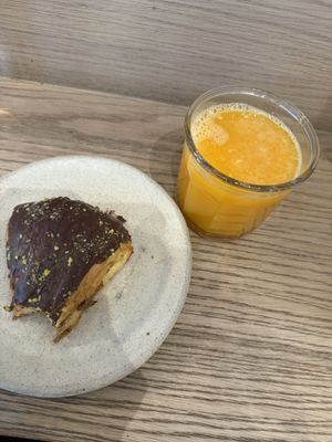 Vegan Dubai Croissant and freshly squeezed orange juice   at Holy Llama - Sintagma in Athens