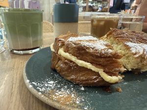 Bougatsa, Iced Strawberry Matcha, Iced Latte  at Holy Llama - Sintagma in Athens