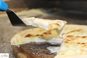 traditional Genoese cheese focaccia. Even with vegan cheese. 100% organic at Angelina in Genoa