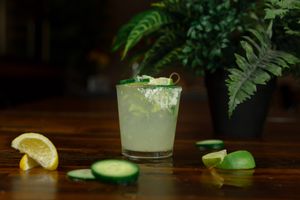 Pepino (Cucumber) Margarita - fresh lime juice, muddled cucumber with salted rim. at Roots in Riverside
