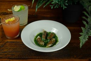 Impossible Crispy Dumplings (Bar Snacks - Starters) - Ginger and chive seasoned impossible lamb enrobed in a crunch rice choux.  at Roots in Riverside